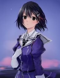 Rule 34 | 1girl, 73suke, absurdres, black hair, black ribbon, brown eyes, commentary request, haguro (kancolle), haguro kai ni (kancolle), hair ornament, hand on own chest, highres, jacket, kantai collection, looking at viewer, military, military uniform, neck ribbon, purple jacket, ribbon, short hair, solo, uniform, upper body