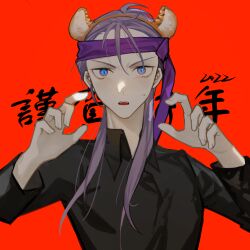 Rule 34 | 1boy, 2022, animal ear hairband, animal ears, blue eyes, character request, chinese commentary, chinese zodiac, collared shirt, commentary request, copyright request, fake animal ears, hairband, hands up, headband, highres, kyoko (akakikyoko), long hair, male focus, open mouth, purple hair, purple headband, red background, shirt, simple background, solo, sweat, tiger ears, translation request, v-shaped eyebrows, year of the tiger
