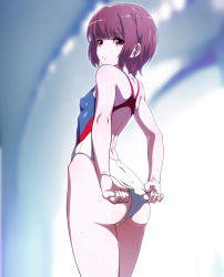 Rule 34 | 10s, 1girl, adjusting clothes, adjusting swimsuit, ass, back, back cutout, brown eyes, brown hair, clothing cutout, competition swimsuit, female focus, from behind, highres, kantai collection, kurihara kenshirou, looking at viewer, looking back, one-piece swimsuit, short hair, solo, swimsuit, z3 max schultz (kancolle)