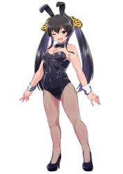 Rule 34 | 1girl, ;d, animal ears, bare shoulders, black footwear, black hair, bow, bowtie, breasts, cleavage, detached collar, fishnet pantyhose, fishnets, full body, high heels, highres, idolmaster, idolmaster cinderella girls, leotard, long hair, looking at viewer, matoba risa, medium breasts, one eye closed, open mouth, pantyhose, playboy bunny, rabbit ears, shift (waage), simple background, smile, solo, standing, twintails, white background, wrist cuffs, yellow eyes