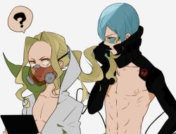 Rule 34 | 10s, 2boys, ?, bad id, bad pixiv id, blonde hair, blue hair, glasses, hand in another&#039;s hair, inumuta houka, iori shirou, kill la kill, long hair, male focus, mask, mouth mask, multiple boys, nudist beach uniform, topless male, spoilers, spoken question mark, surgical mask, white background, yaoi, yuu chitose