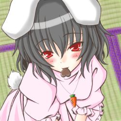 Rule 34 | 1girl, animal ears, black hair, blush, candy, carrot, chocolate, chocolate heart, female focus, food, heart, inaba tewi, looking at viewer, mouth hold, rabbit ears, rabbit girl, rabbit tail, red eyes, short hair, solo, tail, tatami, touhou