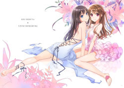 Rule 34 | 10s, 2girls, ankle ribbon, backless dress, backless outfit, bare back, bare shoulders, barefoot, between legs, blue dress, blue eyes, breasts, brown hair, character name, cleavage, criss-cross halter, cross-laced clothes, dress, evening gown, feet, female focus, floral background, flower, frilled dress, frills, ginta, girl on top, halterneck, halterneck, hand between legs, holding hands, idolmaster, idolmaster cinderella girls, interlocked fingers, layered dress, leg ribbon, lily (flower), long hair, looking at viewer, looking back, multiple girls, pink dress, purple eyes, reflection, ribbon, shibuya rin, shimamura uzuki, side ponytail, sitting, smile, soles, straight hair, toes, wariza, wavy hair, yuri