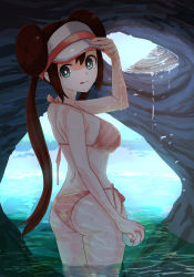 Rule 34 | 1girl, absurdres, aiueo otoko, alternate costume, ass, ball, bikini, breasts, bright pupils, brown hair, closed mouth, commentary request, creatures (company), day, double bun, game freak, hair bun, halterneck, hand on headwear, hand up, highres, holding, holding ball, huge filesize, long hair, nintendo, outdoors, pink bikini, pokemon, pokemon bw2, rosa (pokemon), side-tie bikini bottom, solo, string bikini, swimsuit, tongue, tongue out, twintails, visor cap, wading, water, wet, white pupils
