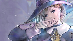 Rule 34 | 1girl, adventurer (ff11), artist name, black hat, black mage (final fantasy), blue eyes, brown hair, closed mouth, final fantasy, final fantasy xi, fingernails, hat, head tilt, highres, hume, light particles, long sleeves, pink lips, piyoco, short hair, sleeve cuffs, solo, upper body, witch hat