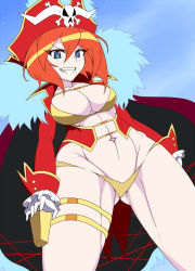 Rule 34 | 10s, 1girl, ass, bad anatomy, blue eyes, breasts, cape, cleavage, cowboy shot, fur trim, gloves, gluteal fold, grin, hat, lalaco godspeed, looking at viewer, navel, nishiumi yuuta, pirate hat, red hair, revealing clothes, smile, solo, thighs, uchuu patrol luluco