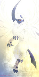Rule 34 | absol, absurdres, animal focus, artist name, claws, covered mouth, creatures (company), dated, eryz, fluffy, full body, game freak, gen 3 pokemon, gradient background, hair over one eye, highres, jpeg artifacts, looking up, nintendo, no humans, pawpads, pokemon, pokemon (creature), red eyes, short hair, signature, simple background, solo, twitter username, white hair, wings, yellow background