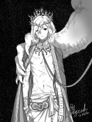 Rule 34 | 1boy, androgynous, arms at sides, bandaged arm, bandages, bracelet, cape, chain, chain leash, coin (ornament), cowboy shot, crown, dated, demon, detached collar, dungeon meshi, elf, empty eyes, expressionless, fingernails, greyscale, hair between eyes, hand on another&#039;s shoulder, highres, injury, jewelry, leash, looking at viewer, male focus, mithrun, monochrome, monster, multiple scars, navel, necklace, notched ear, out of frame, pointy ears, prisoner, sarong, scar, scar on arm, scar on chest, scar on stomach, sharp fingernails, short hair, signature, simple background, size difference, skinny, solo focus, spoilers, thorns, topless male, uneven eyes, warlock1000, winged lion (dungeon meshi)