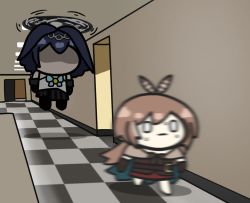 Rule 34 | 2girls, blue hair, brown cloak, brown hair, chibi, cloak, floating boy chasing running boy (meme), hallway, helicopter hair ornament, holocouncil, hololive, hololive english, meme, multiple girls, nanashi mumei, ouro kronii, running, shaded face, short hair, solid oval eyes, superappleman, virtual youtuber