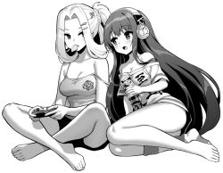 Rule 34 | 2girls, azur lane, azur lane: slow ahead, bare legs, barefoot, blush, bottle, bunker hill (azur lane), bunker hill (mission relaxation) (azur lane), camisole, chips (food), clothes writing, controller, food, food in mouth, game controller, greyscale, hair ornament, hairclip, headphones, holding, holding bottle, holding controller, hori (hori no su), long hair, long island (azur lane), long island (long island - indoor slacker) (azur lane), looking at another, monochrome, multiple girls, parted bangs, simple background, single sock, socks, strap slip, striped clothes, striped legwear, striped socks, very long hair, white background
