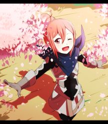 Rule 34 | 1girl, ;d, cherry blossoms, fire emblem, fire emblem fates, kana (female) (fire emblem), kana (fire emblem), letterboxed, nintendo, nyorotono, one eye closed, open mouth, red eyes, red hair, scarf, smile, solo