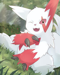 Rule 34 | colored sclera, creatures (company), game freak, gen 3 pokemon, highres, looking at viewer, multicolored fur, nintendo, on grass, one eye closed, open mouth, outdoors, pokemon, pokemon (creature), red fur, rumine (yoshi1234567), white fur, zangoose
