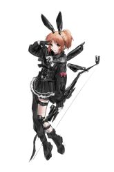 Rule 34 | 1girl, animal ears, boots, bow (weapon), compound bow, copyright request, gloves, hair bun, highres, knee pads, looking at viewer, rabbit ears, ribbon, salute, short hair, single hair bun, sketch, skirt, solo, sowb, v, weapon