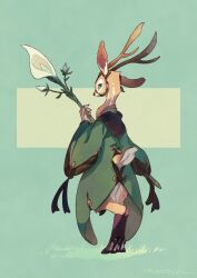 Rule 34 | 1other, androgynous, animal ears, antlers, artist name, clothing cutout, coat, commentary, deer ears, deer tail, digitigrade, english commentary, flower, from behind, full body, furry, green background, green coat, green eyes, hand up, highres, holding, holding flower, hooves, horizontal pupils, horns, legs together, long sleeves, looking at viewer, looking back, murayama ryota, original, other focus, signature, solo, standing, tail, tail through clothes, two-tone background, white flower, wide sleeves, yellow background