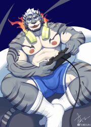 Rule 34 | 1boy, abs, absurdres, animal ears, bara, beard, blue shorts, bulge, controller, facial hair, fiery headphones, furry, furry male, grey fur, handheld game console, highres, joystick, large bulge, large pectorals, male focus, mature male, muscular, muscular male, nipples, original, pectorals, playing games, short hair, shorts, sitting, smile, socks, solo, stomach, thick eyebrows, thick thighs, thighs, tiger boy, tiger ears, topless male, weibo logo, weibo watermark, weisun (leoooliooon), white socks, zixiong zix (character)