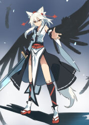 Rule 34 | 1girl, absurdres, animal ears, bird wings, black feathers, black skirt, black wings, closed mouth, commentary, detached sleeves, feathers, full body, geta, gradient background, hat, highres, holding, holding sword, holding weapon, inubashiri momiji, japanese clothes, kakaricho dairi, kimono, looking at viewer, medium hair, pelvic curtain, red eyes, red footwear, red hat, sash, skirt, solo, standing, sword, tail, tokin hat, touhou, weapon, white hair, white kimono, wide sleeves, wings, wolf ears, wolf girl, wolf tail