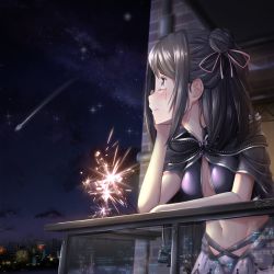 Rule 34 | 1girl, 2 ru, abs, absurdres, apartment, artist name, balcony, belly, black hair, bow, breasts, brick wall, cape, capelet, city, cloak, cloud, comet, cowboy shot, crying, double bun, female focus, fireworks, frown, galaxy, glass, gradient skirt, hair bun, head in hand, highres, holding head, hood, industrial pipe, kuroe (madoka magica), light, magia record: mahou shoujo madoka magica gaiden, magical girl, mahou shoujo madoka magica, medium hair, navel, night, night sky, pensive, perspective, pink ribbon, purple eyes, purple skirt, reflection, ribbon, sad, sash, shooting star, signature, skinny, skirt, sky, skyline, small breasts, solo, sparkle, sparkler, star (sky), starry sky, stomach, tearing up, tears, vest, window