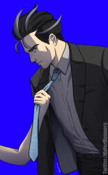 Rule 34 | 1boy, 1other, black hair, black jacket, black pants, blue background, buttons, closed mouth, collared shirt, commentary, creatures (company), game freak, grey shirt, highres, jacket, larry (pokemon), mafer manuera, multicolored hair, necktie, necktie grab, neckwear grab, nintendo, open clothes, open jacket, pants, pokemon, pokemon sv, shirt, short hair, simple background, streaked hair, sweatdrop, two-tone hair
