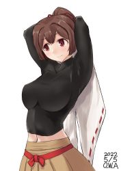 Rule 34 | 1girl, artist name, black shirt, blouse, brown eyes, brown hair, brown hakama, commentary request, dated, hair ribbon, hakama, highres, ise (kancolle), ise kai ni (kancolle), japanese clothes, kantai collection, looking to the side, navel, one-hour drawing challenge, owa (ishtail), ponytail, ribbon, shirt, unworn shirt, short hair, simple background, solo, undershirt, upper body, white background