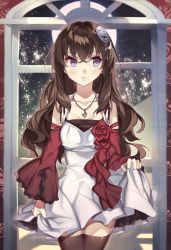Rule 34 | 1girl, bad id, bad pixiv id, blue eyes, brown hair, collarbone, detached sleeves, dress, eyelashes, hair ornament, highres, jewelry, long hair, mayonezumi, necklace, original, pendant, skirt hold, solo, thighhighs, window