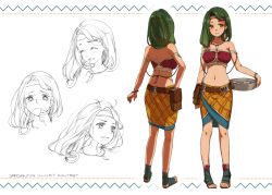 Rule 34 | 10s, 1girl, ^ ^, bad id, bad pixiv id, bandeau, bare shoulders, basin, belt, bracelet, brown eyes, character sheet, closed eyes, earrings, expressions, closed eyes, feathers, freckles, green hair, hair ornament, headband, jewelry, long hair, midriff, multiple views, navel, necklace, original, pouch, reika (clovia studio), sandals, skirt, smile, standing, suisei no gargantia, tears, turnaround