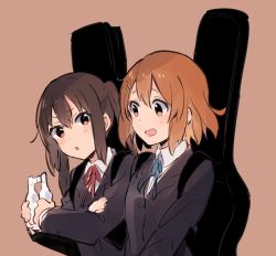Rule 34 | 2girls, :d, :o, arm grab, bad id, bad twitter id, blue ribbon, blush, brown eyes, brown hair, collared shirt, furrowed brow, grey jacket, guitar case, hair between eyes, hair ornament, hairclip, hirasawa yui, holding, instrument case, jacket, k-on!, long hair, long sleeves, looking at another, multiple girls, musshu (omu001), nakano azusa, neck ribbon, open mouth, parted lips, pink background, red ribbon, ribbon, shirt, short hair, simple background, smile, twintails, wing collar