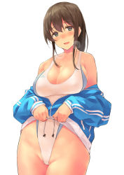 Rule 34 | 1girl, amamiya natsumi, bad id, bad pixiv id, blue eyes, blush, breasts, breath, brown hair, cleavage, clothes lift, collarbone, cowboy shot, hair between eyes, half-closed eyes, highleg, highleg swimsuit, highres, jacket, jacket lift, kekemotsu, large breasts, lifted by self, long hair, looking at viewer, one-piece swimsuit, open mouth, original, ponytail, simple background, smile, solo, swimsuit, tareme, white background