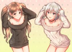 Rule 34 | 10s, 2girls, anastasia (idolmaster), arched back, arms up, bare shoulders, beige sweater, black sweater, blue eyes, blush, breasts, brown eyes, brown hair, choker, cleavage, collarbone, commentary request, eyelashes, gradient background, hair between eyes, heart pendant, highres, hip focus, holding, holding hair, idolmaster, idolmaster cinderella girls, keffiy, long hair, looking at viewer, multiple girls, nitta minami, off shoulder, open mouth, ribbed sweater, short hair, short twintails, silver hair, small breasts, smile, sweater, thighs, twintails