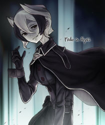 Rule 34 | 1girl, bad id, bad pixiv id, bags under eyes, belt, black belt, black cape, black coat, black eyes, black gloves, black hair, black pants, breasts, buttons, cape, coat, colored skin, copyright name, cowboy shot, empty eyes, eyebrows, eyelashes, facing away, gloves, grin, hair between eyes, hair flaps, keigo inoue, leaning, leaning forward, lips, long sleeves, looking away, looking to the side, made in abyss, medium breasts, multicolored hair, ozen, pants, pouch, short hair, smile, solo, standing, teeth, text focus, two-tone hair, whistle, white hair, white skin