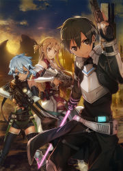 Rule 34 | 1boy, 2girls, absurdres, anti-materiel rifle, armor, asuna (sao), beam saber, black eyes, black gloves, black hair, black legwear, black pants, black shorts, blue eyes, blue hair, bolt action, boots, breastplate, brown eyes, brown hair, bunbun, cleaned, detached sleeves, fingerless gloves, floating hair, fn five-seven, gloves, gun, hair between eyes, hair ornament, hairclip, handgun, highres, holding, holding gun, holding sword, holding weapon, kirito, knee pads, long hair, looking at viewer, miniskirt, multiple girls, official art, open mouth, outdoors, pants, pdw-caliber pistol, pgm hecate ii, pleated skirt, red legwear, red skirt, rifle, short hair, short shorts, shorts, sinon, skirt, sky, smile, sniper rifle, sword, sword art online, thigh boots, thighhighs, thighs, weapon, white armor, white footwear