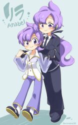 Rule 34 | 2girls, age difference, aged up, anabel (pokemon), blush, breasts, character name, commentary request, creatures (company), dual persona, earrings, eromame, formal, frontier brain, game freak, gloves, hair ribbon, height difference, highres, holding hands, jewelry, looking at viewer, multiple girls, necktie, nintendo, pant suit, pants, pokemon, pokemon rse, pokemon sm, ponytail, purple eyes, purple hair, ribbon, small breasts, smile, suit, time paradox, translation request