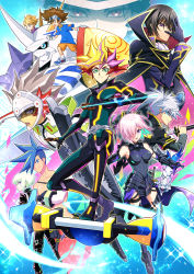 Rule 34 | 1girl, 6+boys, armor, beatmania, beatmania iidx, black armor, black bodysuit, black footwear, black gloves, black pants, blonde hair, blue background, blue hair, blue shirt, bodysuit, boots, brown hair, cape, character request, closed mouth, code geass, creature, crossover, digimon, digimon (creature), digimon adventure: (2020), everyone, fate/grand order, fate (series), fou (fate), fujiki yusaku, galo thymos, gloves, green eyes, grey hair, hair over one eye, hand over face, highres, kimetsu no yaiba, lelouch vi britannia, lio fotia, looking at viewer, mash kyrielight, mazaki kei, mecha, multicolored hair, multiple boys, multiple crossover, omegamon, orange shorts, pants, playmaker (yu-gi-oh!), popped collar, promare, purple eyes, purple hair, red eyes, red hair, robot, shield, shirt, shoes, short hair, shorts, smile, sneakers, spiked hair, thigh boots, thighhighs, white hair, yagami taichi, yu-gi-oh!, yu-gi-oh! vrains, yuu-gi-ou, yuu-gi-ou vrains