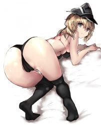 Rule 34 | 10s, 1girl, all fours, alternate hairstyle, ass, bikini, black bikini, black thighhighs, blonde hair, blue eyes, breasts, cameltoe, covered erect nipples, from behind, hair down, hat, kantai collection, long hair, looking at viewer, looking back, moruchi (rinaka moruchi), over-kneehighs, partially visible vulva, peaked cap, prinz eugen (kancolle), simple background, smile, solo, swimsuit, thighhighs, underboob, white background