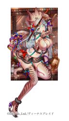 Rule 34 | 1girl, animal ears, aqua eyes, breasts, cleavage, company name, copyright name, fang, green eyes, heterochromia, highres, holding, holding sword, holding weapon, large breasts, long hair, looking at viewer, midriff, navel, official art, silver hair, smile, solo, sword, tail, teltelhousi, tongue, tongue out, venus blade, weapon, wolf ears, wolf hat, wolf tail
