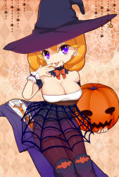 Rule 34 | 1girl, bad id, bad pixiv id, bat (animal), blonde hair, boots, bow, bowtie, breasts, cleavage, formal, halloween, hat, jack-o&#039;-lantern, large breasts, looking at viewer, mikeseneko, nail polish, necktie, original, pantyhose, purple eyes, silk, skirt, solo, spider web, star (symbol), suit, tongue, witch, witch hat