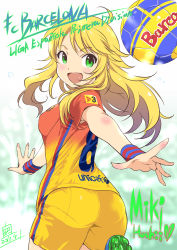 Rule 34 | 1girl, :d, ahoge, alternate costume, armpit peek, ass, ball, blonde hair, blush, body blush, breasts, character name, cleats, covered erect nipples, cowboy shot, dated, double vertical stripe, fc barcelona, fingernails, from behind, green eyes, heart, highres, hoshii miki, idolmaster, idolmaster (classic), inoue sora, leg lift, long fingernails, long hair, looking at viewer, looking back, multicolored shirt, open mouth, outstretched arms, pantylines, shirt, shoes, short sleeves, signature, small breasts, smile, sneakers, soccer, soccer ball, soccer uniform, solo, spanish text, sportswear, spread arms, standing, standing on one leg, t-shirt, wristband