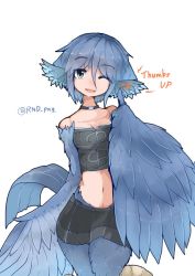 Rule 34 | 1girl, :d, blue eyes, blue hair, choker, english text, feathers, female focus, hair between eyes, harpy, matching hair/eyes, midriff, monster girl, navel, one eye closed, open mouth, original, rnd.jpg (artist), simple background, skirt, smile, solo, thumbs up, twitter username, white background, wings, wink