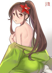 Rule 34 | 1girl, amagi (kancolle), back, bare back, bare shoulders, breasts, brown eyes, brown hair, commentary request, covering privates, covering breasts, embarrassed, flower, from behind, gradient clothes, hair between eyes, hair flower, hair ornament, high ponytail, japanese clothes, kantai collection, kimono, large breasts, long hair, looking at viewer, looking back, mole, one-hour drawing challenge, open mouth, parted bangs, shiozaki zoe, shoulder blades, sideboob, sidelocks, sitting, solo, white background, wide ponytail