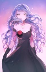 Rule 34 | 1girl, bare shoulders, black dress, black gloves, breasts, brown eyes, cleavage, dress, flower, gloves, hairband, idolmaster, idolmaster (classic), jewelry, light purple hair, long hair, looking at viewer, mimizubare, necklace, shijou takane, sky, smile, solo