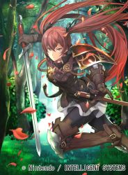 Rule 34 | 1girl, armor, boots, brown footwear, fire emblem, fire emblem cipher, fire emblem fates, forest, gloves, hair ribbon, leather, leather boots, long hair, nagahama megumi, nature, nintendo, official art, red eyes, red hair, ribbon, selena (fire emblem fates), solo, sword, thigh boots, thighhighs, twintails, weapon