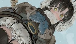 Rule 34 | 1girl, belt, black hair, black thighhighs, blue background, bright pupils, coat, dutch angle, ebimomo, from below, long sleeves, looking at viewer, looking down, mittens, original, outdoors, pouch, ribbed gloves, snowing, solo, thighhighs