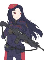 Rule 34 | 1girl, bad id, bad pixiv id, beret, beretta rx4 storm, blue hair, empty eyes, gloves, gun, gun sling, hat, highres, holding, holding gun, holding weapon, long hair, looking away, ammunition pouch, military, military uniform, original, paravene, radio, red eyes, rifle, simple background, sling (weapon), solo, trigger discipline, uniform, weapon, white background