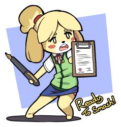 Rule 34 | 1girl, animal crossing, animal ears, barefoot, black eyes, blonde hair, blue background, blue skirt, blush stickers, clipboard, clothes lift, dog ears, dog girl, dog tail, english text, female focus, flat chest, full body, furry, furry female, green vest, hair tie, hands up, highres, holding, isabelle (animal crossing), kiirokuma, neck ribbon, nintendo, open mouth, panties, paw print, pen, pencil skirt, pink panties, red ribbon, ribbon, shield, shirt, short hair, short sleeves, simple background, skirt, skirt lift, solo, standing, super smash bros., tail, teeth, topknot, two-tone background, underwear, vest, white shirt