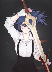 Rule 34 | 1girl, alternate costume, black background, blouse, blue eyes, blue hair, collared shirt, falchion (fire emblem), fingerless gloves, fire emblem, fire emblem awakening, gloves, highres, holding, holding sword, holding weapon, long hair, looking at viewer, lucina (fire emblem), nintendo, one eye covered, ponytail, sheath, shirt, skirt, sleeves rolled up, solo, suspender skirt, suspenders, sword, tabletorgy, unsheathing, weapon, white shirt