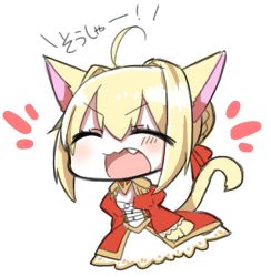 Rule 34 | 10s, 1girl, :3, :d, ahoge, animal ears, blonde hair, blush, braid, cat ears, cat tail, chibi, cleavage cutout, clothing cutout, dress, closed eyes, facing viewer, fang, fate/extra, fate (series), full body, hair bun, hair ribbon, highres, jako (jakoo21), long sleeves, nero claudius (fate), nero claudius (fate) (all), nero claudius (fate/extra), open mouth, red dress, red ribbon, ribbon, simple background, single hair bun, smile, solo, tail, v-shaped eyebrows, white background