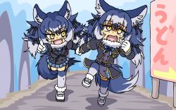 Rule 34 | 2girls, animal ears, blue hair, bow, bowtie, dire wolf (kemono friends), extra ears, garter straps, gloves, jacket, kemono friends, kemono friends v project, long hair, multiple girls, necktie, ribbon, running, scarf, shoes, skirt, srd (srdsrd01), tail, thighhighs, translation request, twintails, virtual youtuber, wolf ears, wolf girl, wolf tail, yellow eyes