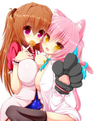 Rule 34 | 2girls, animal ears, animal hands, bell, black legwear, blouse, breast press, breasts, brown hair, cassini m bisuko, cat ears, cat girl, cat tail, cookie, cracker, eyes visible through hair, food, food-themed hair ornament, hair intakes, hair ornament, highres, large breasts, mouth hold, multiple girls, open clothes, open shirt, original, pink eyes, pink hair, ribbon, shia flatpaddy, shirt, swimsuit, swimsuit under clothes, symmetrical docking, syroh, tail, thighhighs, yellow eyes