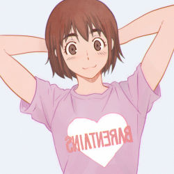 Rule 34 | 1girl, :3, arms up, ayase fuuka, brown eyes, brown hair, clothes writing, english text, engrish text, eyebrows, heart, ilya kuvshinov, looking at viewer, md5 mismatch, mirrored text, ranguage, romaji text, shirt, short hair, simple background, smile, solo, t-shirt, thick eyebrows, upper body, valentine, yotsubato!