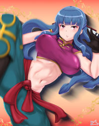 Rule 34 | 1girl, appare-ranman!, arm up, artist request, blue hair, breasts, covered erect nipples, hair ornament, hairclip, highres, jing xia lian, large breasts, long hair, makeup, midriff, navel, purple eyes, ribbon, shirt, short sleeves, solo, standing, standing on one leg, very long hair
