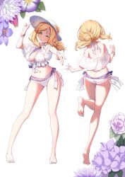 Rule 34 | 1girl, ;o, alternate hairstyle, amagi (volfuji), barefoot, bikini, blonde hair, bracelet, breasts, cleavage, commentary request, flower, from behind, full body, hat, highres, jewelry, large breasts, love live!, love live! sunshine!!, multiple views, ohara mari, one eye closed, purple flower, swimsuit, white background, yellow eyes